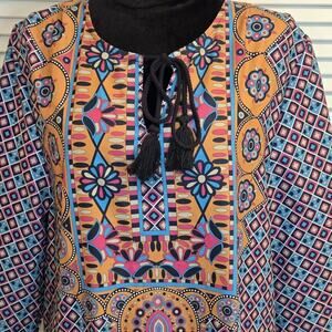 Urban Coco women’s tribal Mini/long tunic ruched tassel Sz L multi Peasant Boho